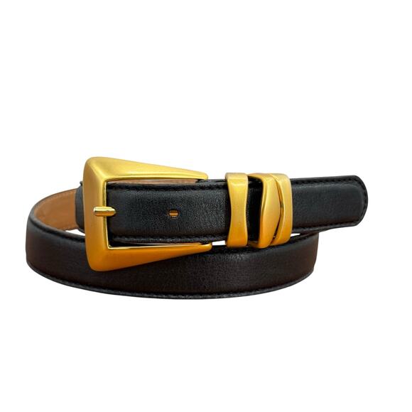 Americana by Sharif Gold Black Leather Belt M Womens Modern Luxe Chic Geometric - Picture 1 of 14